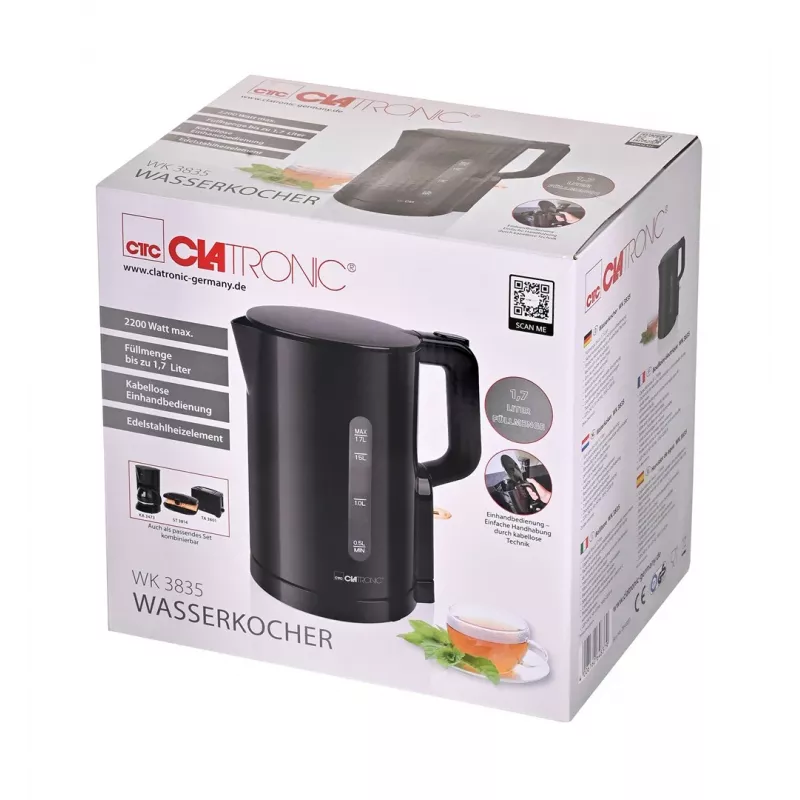 Clatronic WK 3835 johdoton vedenkeitin 1,7 l 2200 W musta muovi