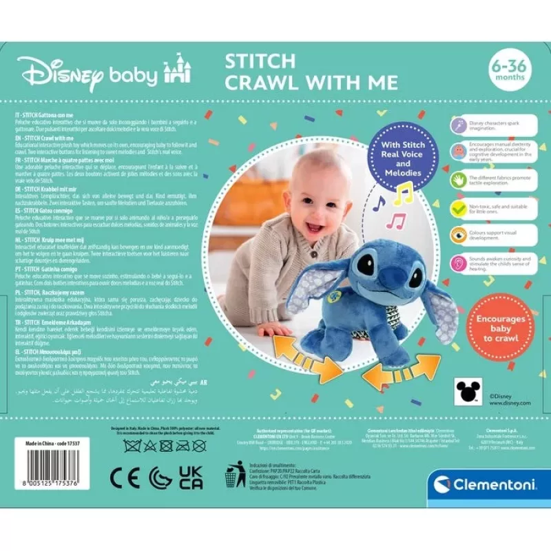 Clementoni Disney Baby Stitch We Crawl Together pehmolelu, sininen, 25 cm, syntymästä alkaen