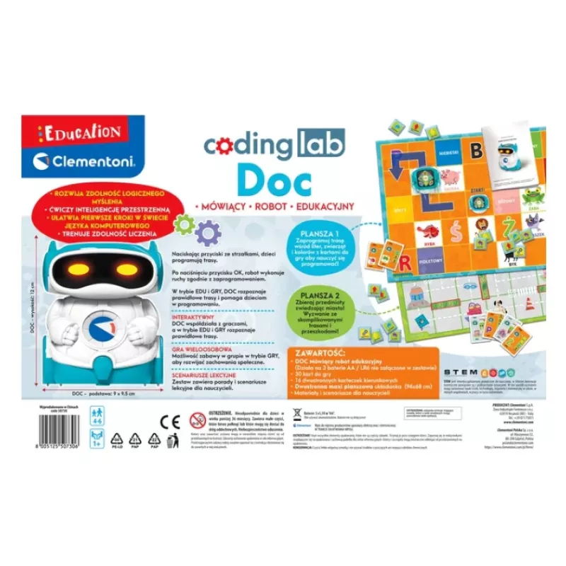 Clementoni DOC -oppimisrobotti lapsille, puolan kieli, yli 5-vuotiaille, STEM-ohjelmointilelu