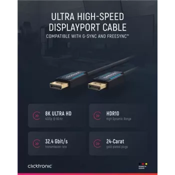 ClickTronic 40994 DisplayPort-kaapeli 2 m musta - 4K Ultra HD, kullatut liittimet, kolminkertainen suojaus