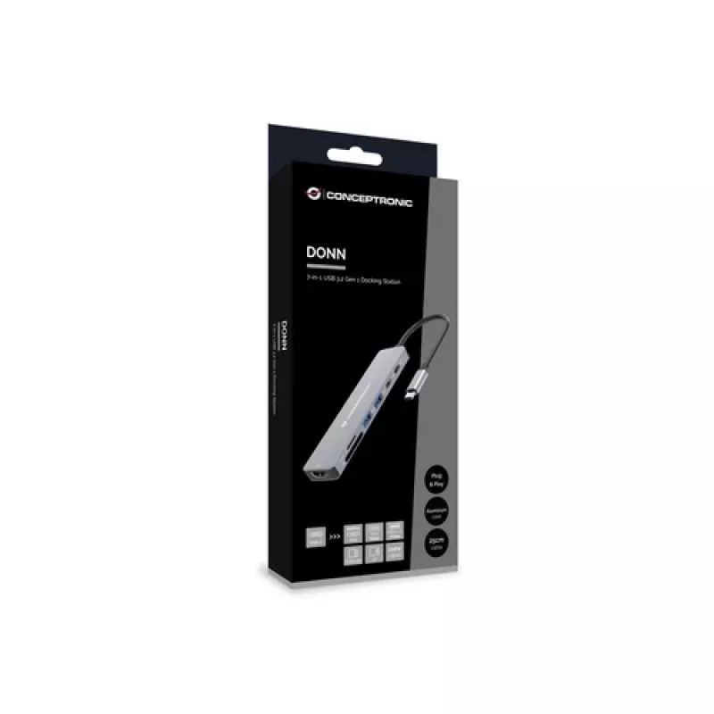 CONCEPTRONIC 573812 7-in-1 USB-C-telakointiasema, HDMI, USB-C, 2x USB-A, 25 cm:n kaapeli, harmaa