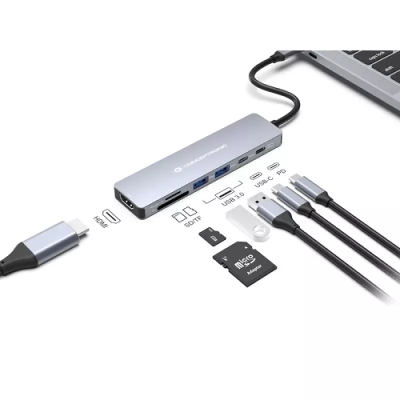 CONCEPTRONIC 573812 7-in-1 USB-C-telakointiasema, HDMI, USB-C, 2x USB-A, 25 cm:n kaapeli, harmaa