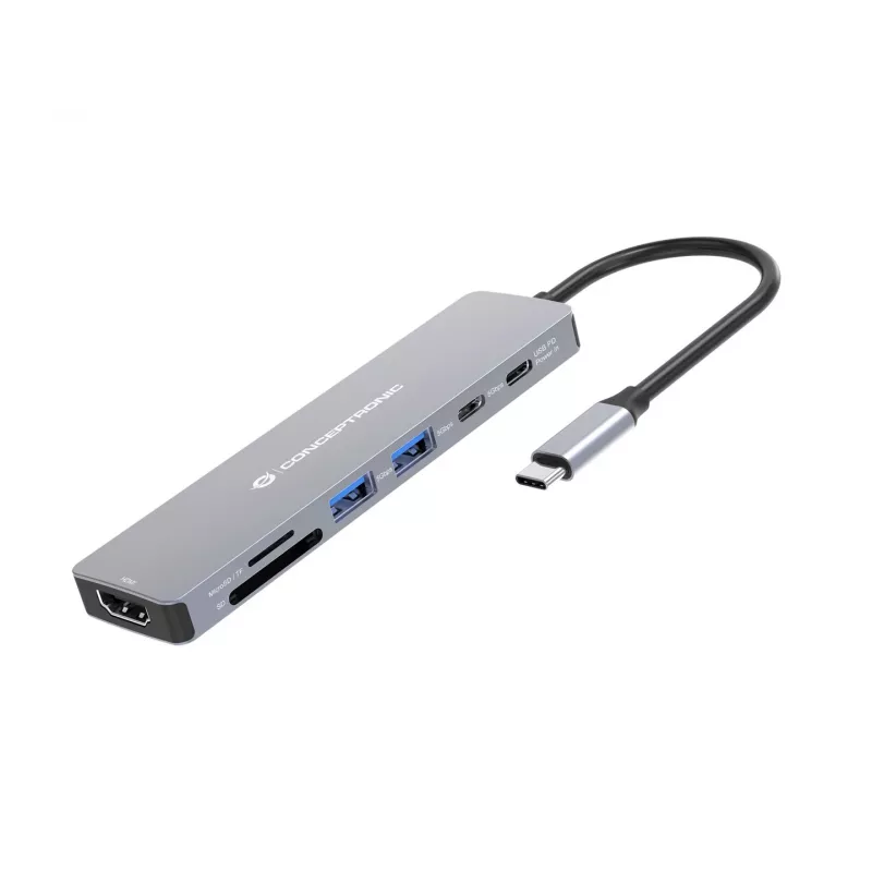 CONCEPTRONIC 573812 7-in-1 USB-C-telakointiasema, HDMI, USB-C, 2x USB-A, 25 cm:n kaapeli, harmaa