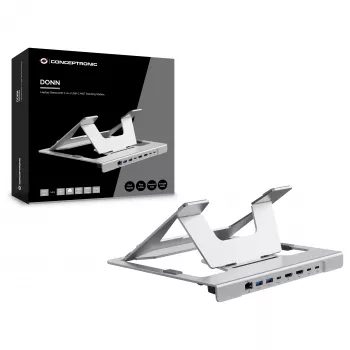 Conceptronic DONN35S kannettavan tietokoneen teline 7-in-1 USB-C-telakointiasemalla, Dual-HDMI 4K60Hz, GbE, USB-C 5Gbps, 2x USB-A, 100W PD, hopea