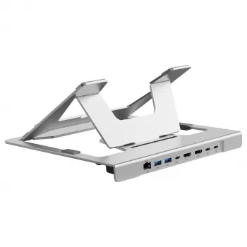Conceptronic DONN35S kannettavan tietokoneen teline 7-in-1 USB-C-telakointiasemalla, Dual-HDMI 4K60Hz, GbE, USB-C 5Gbps, 2x USB-A, 100W PD, hopea