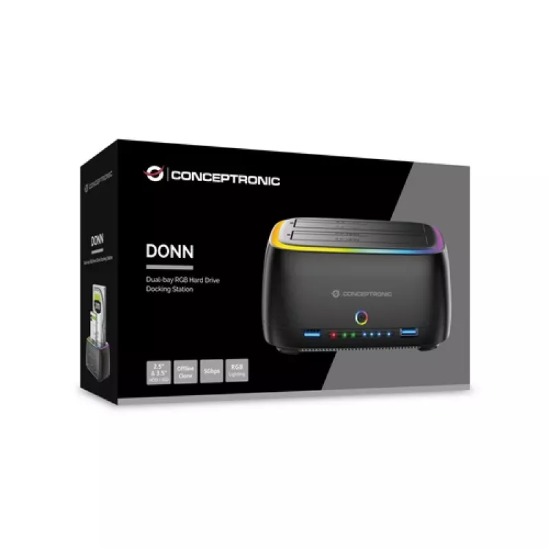 Conceptronic DONN36B 2-paikkainen SATA HDD/SSD-telakka, USB 3.0, 2x USB-A, musta
