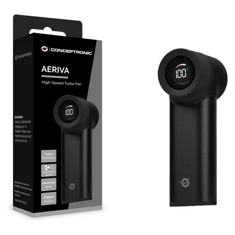 Conceptronic Turbo Käsituuletin, USB-C - USB-A, alumiini, 5V, musta