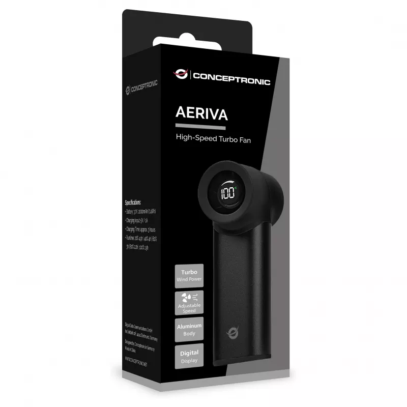 Conceptronic Turbo Käsituuletin, USB-C - USB-A, alumiini, 5V, musta