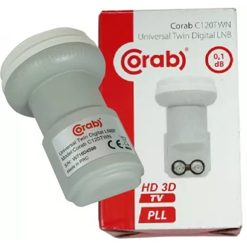 CORAB C120TWN Twin LNB -muunnin – 2 lähtöä, 40 mm feedhorn, vähäinen kohina 0,1 dB, säänkestävä F-tyyppi