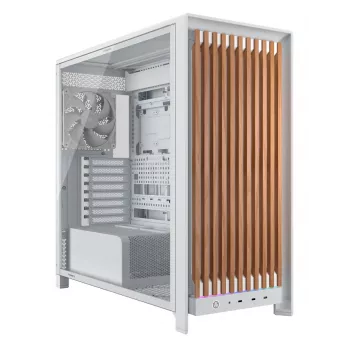 Corsair FRAME 5000D WOOD RS Mid-Tower PC-kotelo, valkoinen/pähkinäpuu, karkaistu lasi, ATX, E-ATX, Micro-ATX, Mini-ITX, teräs/muovi, pelaaminen