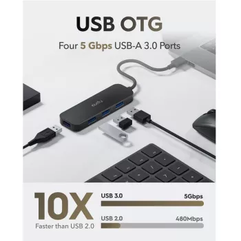 Cudy UH40A PortMate USB-A - 4-porttinen USB 3.0 -keskitin 5 Gbps vain data muovi kompakti musta