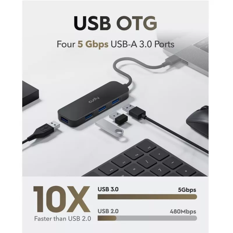 Cudy UH40A PortMate USB-A - 4-porttinen USB 3.0 -keskitin 5 Gbps vain data muovi kompakti musta