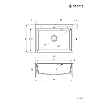 DEANTE 1-altainen graniittikomposiittiallas kuivauskaivolla, musta (Nero), 780x500 mm, asennus päältä