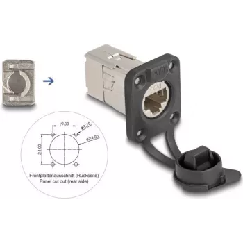 Delock D-tyypin RJ45 upotusliitäntä Cat.6A STP LSA-liitännällä ja IP66-suojakorkilla