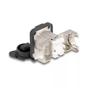 Delock D-tyypin RJ45 upotusliitäntä Cat.6A STP LSA-liitännällä ja IP66-suojakorkilla