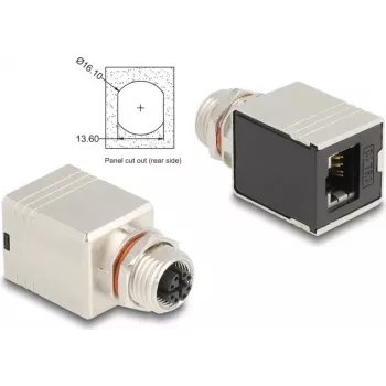 Delock M12-adapteri X-koodattu 8-pin naaras RJ45-naaras Cat.6A STP suojattu suora