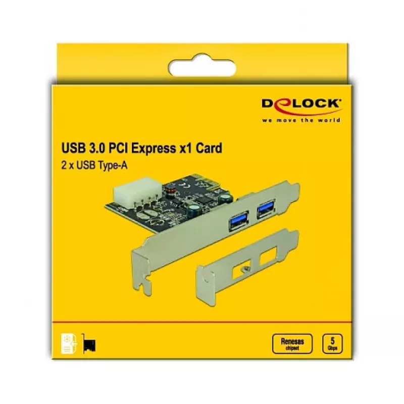 Delock PCI Express x1 -kortti 2 x USB 3.2 Gen 1 Type-A, matalaprofiili