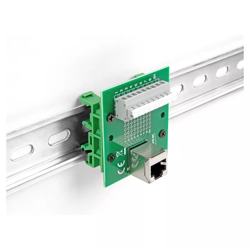 Delock RJ45-liitäntä riviliittimeen painonapilla DIN-kiskoon kulma (66993)