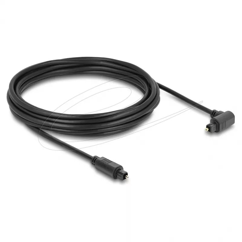 Delock TOSLINK optinen audiokaapeli 5 m, 90° kulmaliitin suoraan liittimeen, 4 mm, musta