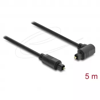 Delock TOSLINK optinen audiokaapeli 5 m, 90° kulmaliitin suoraan liittimeen, 4 mm, musta