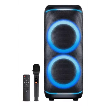 Denver BPS-470 Bluetooth-juhlakaijutin karaokella, 2000W PMPO, 20W RMS, LED-valot, FM-radio, TWS, sis. mikrofonin, musta