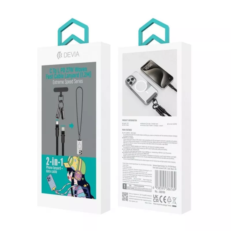 Devia 2-in-1 USB-C - Lightning -kaapeli kaulanauhalla 1,2 m 27W musta