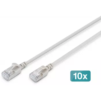 DIGITUS CAT 6A F-FTP Slim -verkkokaapeli, 1 m, harmaa, 10 kpl:n pakkaus, LSZH, 10Gbps