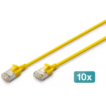 DIGITUS CAT 6A F/FTP ohut patch-kaapeli, 2 m, keltainen, 10 kpl:n pakkaus, LSZH, 10 Gbps, PoE++