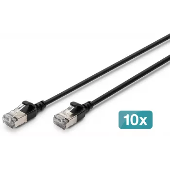 DIGITUS CAT 6A F/FTP Slim -verkkokaapeli, 3 m, musta, 10 kpl:n pakkaus, LSZH, 10 Gbps, 500 MHz, PoE++