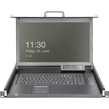 DIGITUS modulaarinen HD LCD KVM-konsoli 17 tuuman TFT:llä, 16-porttinen CAT 5 KVM-liitäntä, kosketuslevy, saksalainen näppäimistöasettelu
