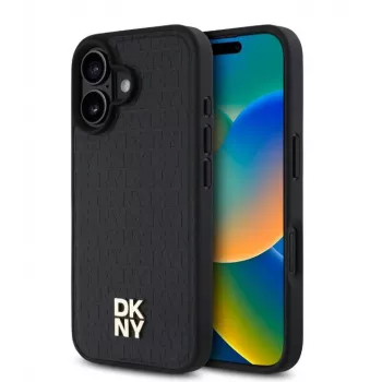 DKNY Apple iPhone 16 Plus PU-nahkakuori Repeat Pattern Stack -logolla, MagSafe-yhteensopiva, musta