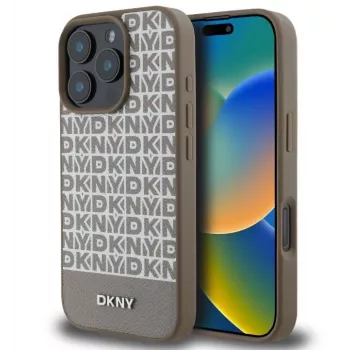 DKNY Apple iPhone 16 Pro Max PU-nahkakuori toistuvalla kuviolla ja alaraidalla, MagSafe, ruskea