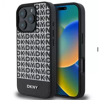 DKNY Apple iPhone 16 Pro Max PU-nahkakotelo toistuvalla kuviolla ja alaraidalla, MagSafe, musta