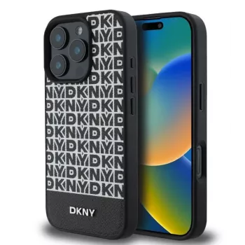 DKNY Apple iPhone 16 Pro PU-nahkakotelo toistuvalla kuviolla ja alaraidalla, MagSafe, musta