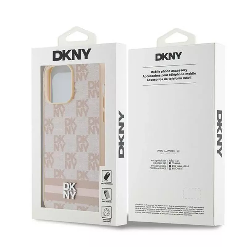 DKNY nahkakotelo ruudullisella Mono-kuviolla ja painetuilla raidoilla iPhone 14 Pro Max - pinkki