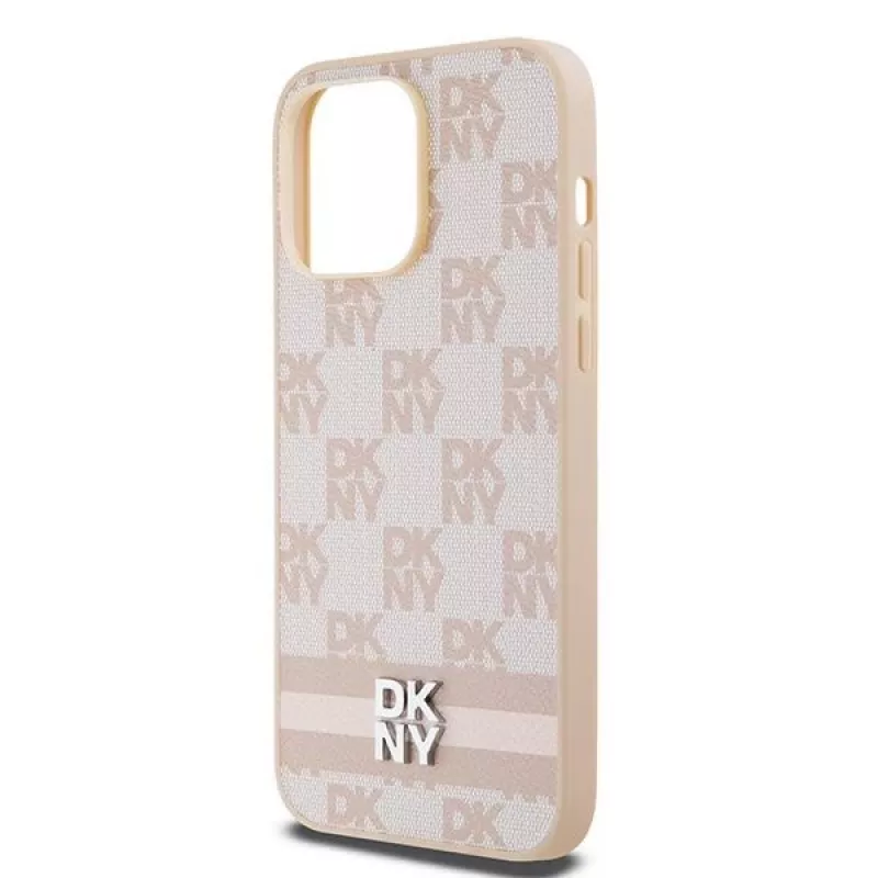 DKNY nahkakotelo ruudullisella Mono-kuviolla ja painetuilla raidoilla iPhone 14 Pro Max - pinkki