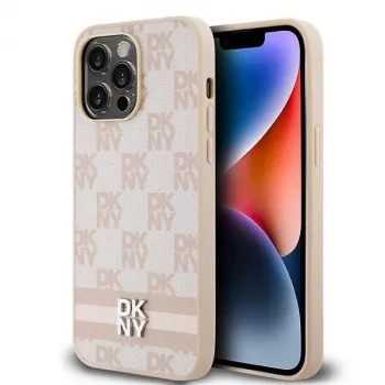 DKNY nahkakotelo ruudullisella Mono-kuviolla ja painetuilla raidoilla iPhone 14 Pro Max - pinkki