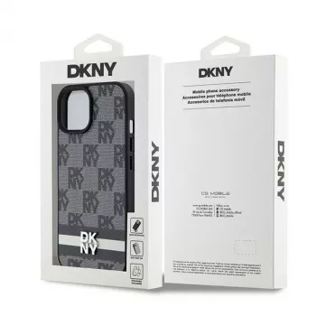 DKNY nahkakotelo ruudullisella monogrammikuviolla ja painetuilla raidoilla iPhone 15/14/13 - musta