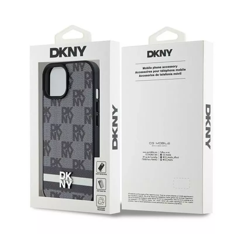 DKNY nahkakotelo ruudullisella monogrammikuviolla ja painetuilla raidoilla iPhone 15/14/13 - musta