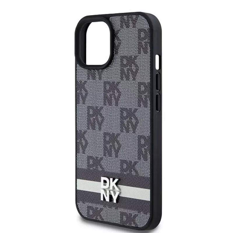 DKNY nahkakotelo ruudullisella monogrammikuviolla ja painetuilla raidoilla iPhone 15/14/13 - musta