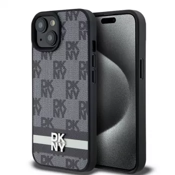 DKNY nahkakotelo ruudullisella monogrammikuviolla ja painetuilla raidoilla iPhone 15/14/13 - musta