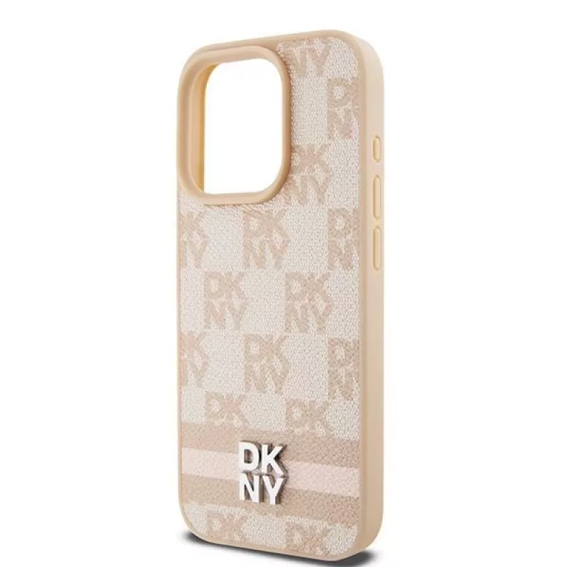 DKNY nahkakotelo ruudullisella Mono-kuviolla ja painetuilla raidoilla iPhone 15 Pro Max - pinkki