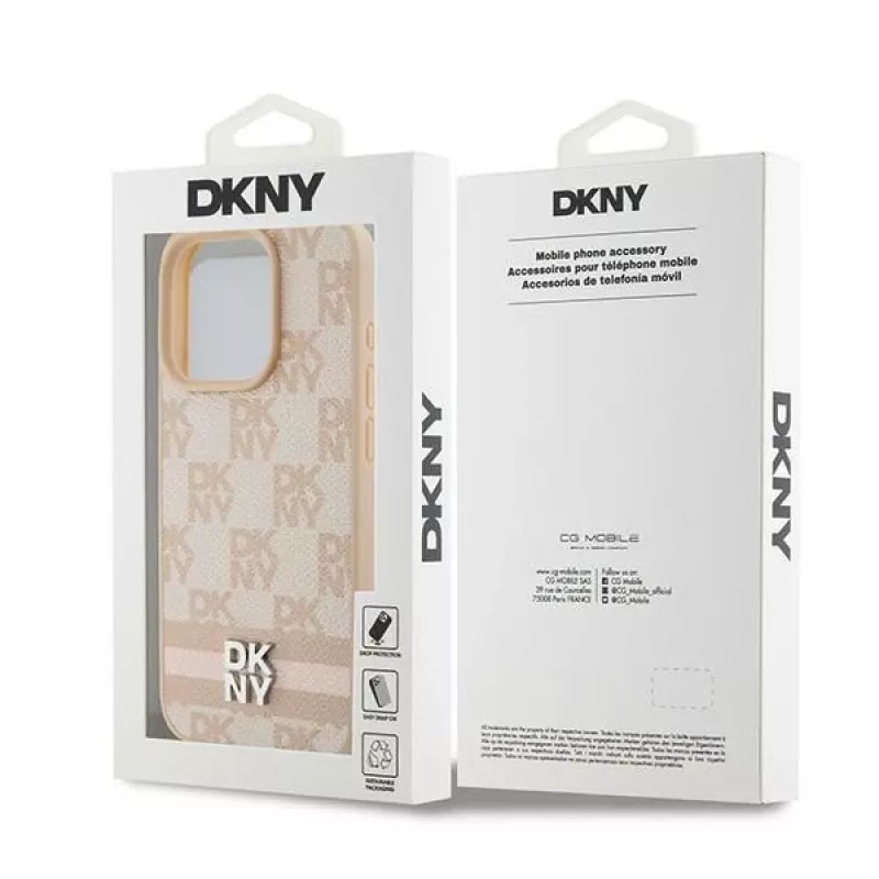 DKNY nahkakotelo ruudullisella Mono-kuviolla ja painetuilla raidoilla iPhone 15 Pro - pinkki