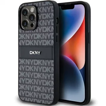 DKNY nahkainen Mono Stripe & metallilogo -kuori Apple iPhone 14 Pro - musta