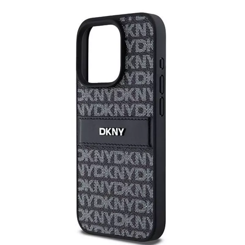 DKNY nahkainen Mono Stripe & metallilogo -kotelo iPhone 15 Pro - musta