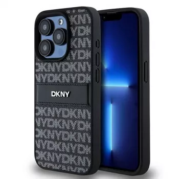 DKNY nahkainen Mono Stripe & metallilogo -kotelo iPhone 15 Pro - musta