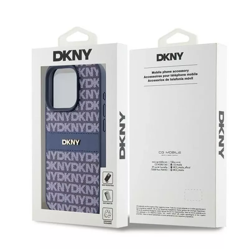 DKNY nahkainen Mono Stripe & metallilogo -kuori iPhone 15 Pro - sininen