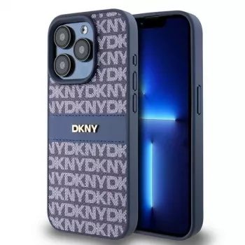DKNY nahkainen Mono Stripe & metallilogo -kuori iPhone 15 Pro - sininen