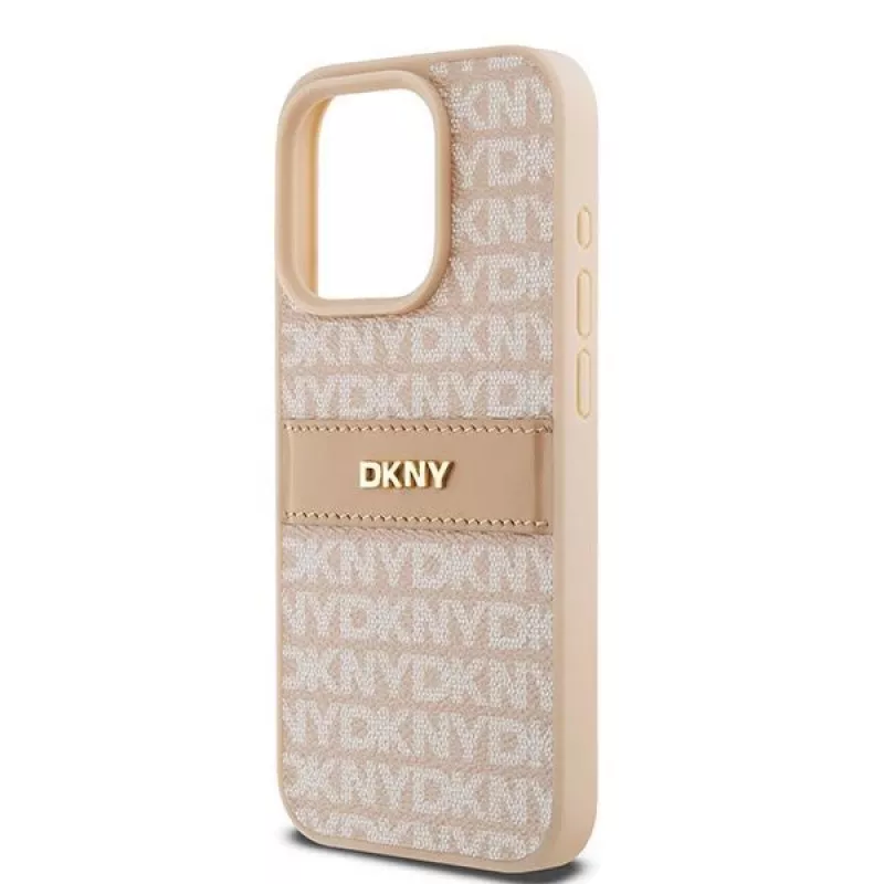 DKNY nahkainen Mono Stripe & metallilogo -kotelo iPhone 15 Pro - pinkki