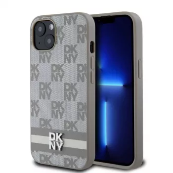 DKNY PU-nahkakotelo ruutukuviolla ja raidoilla iPhone 13 beige